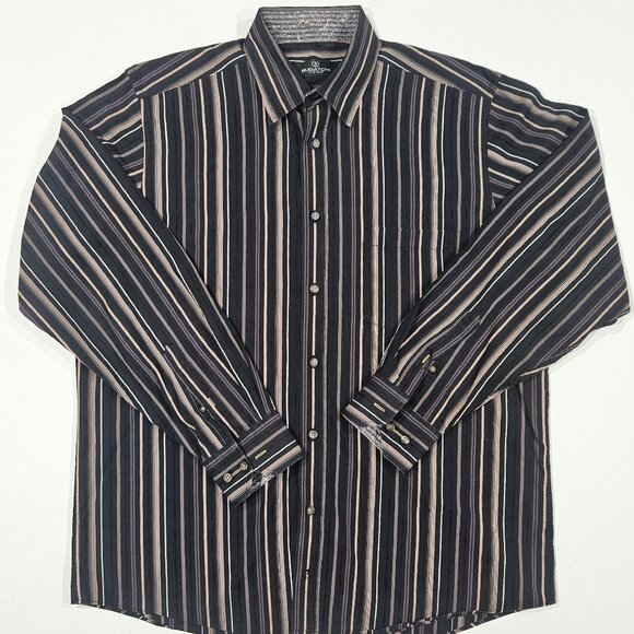 Bugatchi Uomo Men’s L Stripe Dress Shirt Black Tan Blue Cotton - Picture 2 of 6